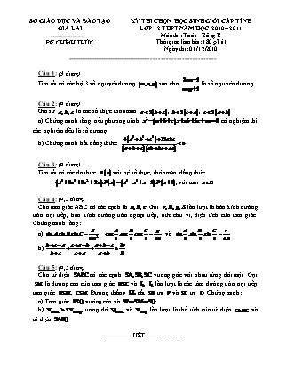 Đề thi môn Toán - Kỳ thi chọn học sinh giỏi cấp tỉnh Lớp 12 THPT - Bảng B - Năm học 2010-2011 - Sở GD&ĐT Gia Lai