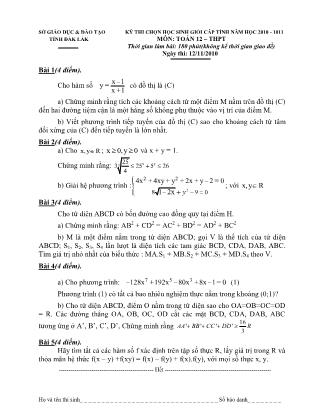 Đề thi môn Toán - Kỳ thi chọn học sinh giỏi cấp tỉnh năm học 2010-2011 - Sở GD&ĐT tỉnh Đắk Lắk (Có đáp án)