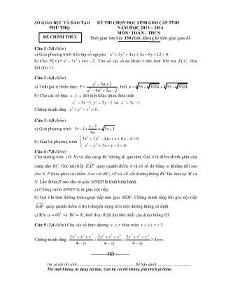 Đề thi môn Toán - Kỳ thi chọn học sinh giỏi Lớp 12 THPT - Năm học 2013-2014 - Sở GD&ĐT Phú Thọ