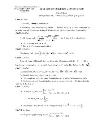 Đề thi môn Toán - Kỳ thi chọn học sinh giỏi Lớp 12 THPT - Năm học 2014-2015 - Sở GD&ĐT Thái Bình