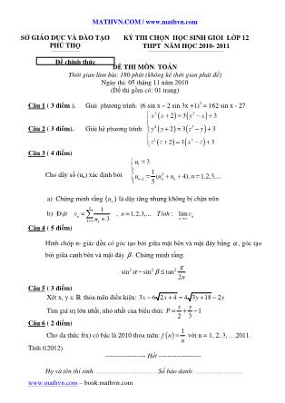Đề thi môn Toán - Kỳ thi chọn học sinh giỏi Lớp 12 THPT - Năm học 2010-2011 - Sở GD&ĐT Phú Thọ