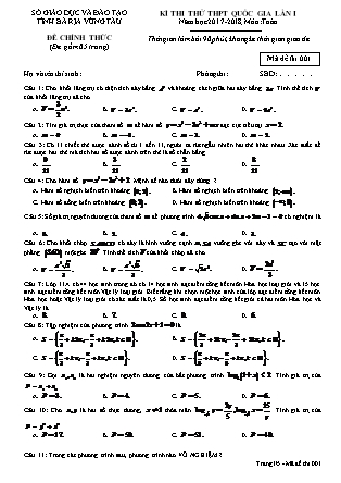 Đề thi môn Toán - Kỳ thi thử THPT Quốc gia lần 1 - Mã đề 001 - Năm học 2017-2018 - Sở GD&ĐT tỉnh Bà Rịa - Vũng Tàu (Có đáp án)