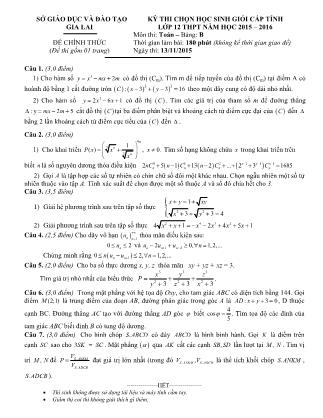 Đề thi môn Toán Lớp 12 - Kỳ thi chọn học sinh giỏi cấp tỉnh - Bảng B - Năm học 2015-2016 - Sở GD&ĐT Gia Lai