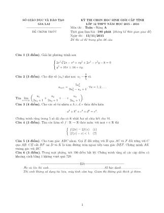 Đề thi môn Toán Lớp 12 - Kỳ thi chọn học sinh giỏi cấp tỉnh - Bảng A - Năm học 2015-2016 - Sở GD&ĐT Gia Lai (Có đáp án)
