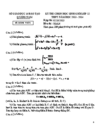 Đề thi môn Toán Lớp 12 - Kỳ thi chọn học sinh giỏi cấp tỉnh Lớp 1 THPT - Năm học 2013-2014 - Sở GD&ĐT Quảng Nam (Có đáp án)