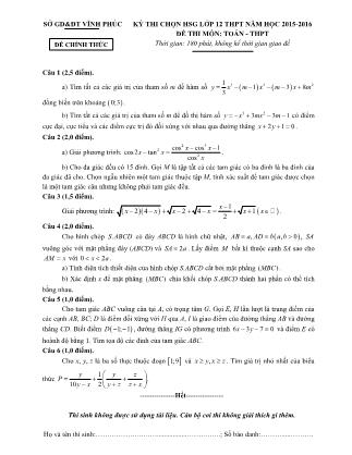 Đề thi môn Toán Lớp 12 - Kỳ thi chọn học sinh giỏi cấp tỉnh Lớp 12 THPT - Năm học 2015-2016 - Sở GD&ĐT Vĩnh Phúc (Có đáp án)