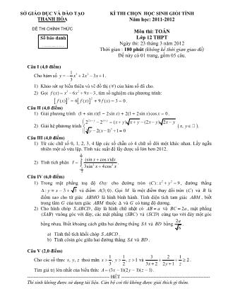 Đề thi môn Toán Lớp 12 - Kỳ thi chọn học sinh giỏi tỉnh - Năm học 2011-2012 - Sở GD&ĐT Thanh Hóa