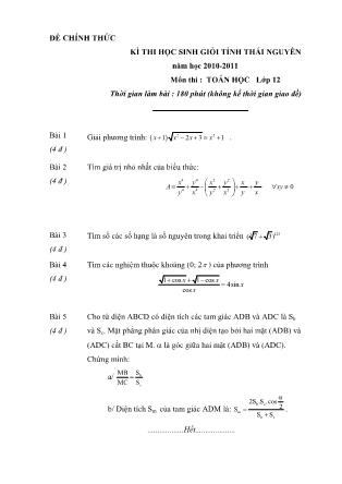 Đề thi môn Toán Lớp 12 - Kỳ thi chọn học sinh giỏi tỉnh Thái Nguyên - Năm học 2010-2011