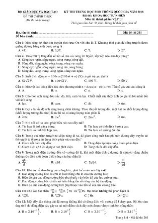 Đề thi môn Vật lý Lớp 12 - Kỳ thi THPT Quốc gia năm 2018 - Mã đề 201 (Có đáp án)