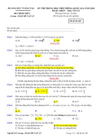 Đề thi môn Vật lý Lớp 12 - Kỳ thi THPT Quốc gia năm 2018 - Mã đề 209 (Có đáp án)