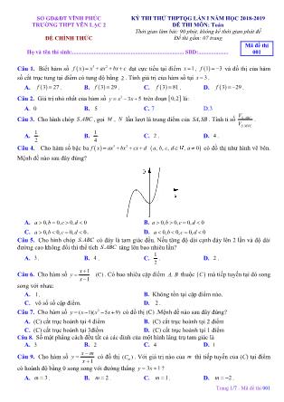 Đề thi thử THPT Quốc gia lần 1 môn Toán Lớp 12 - Mã đề 001 - Năm học 2018-2019 - Trường THPT Yên Lạc 2