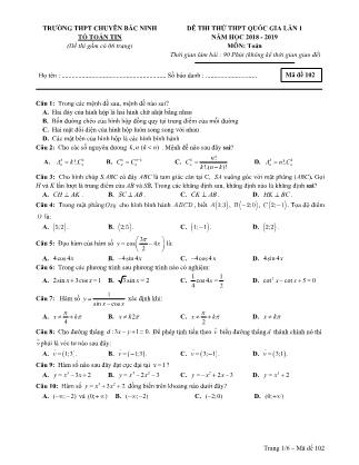 Đề thi thử THPT Quốc gia lần 1 môn Toán - Mã đề 102 - Năm học 2018-2019 - Trường THPR chuyên Bắc Ninh