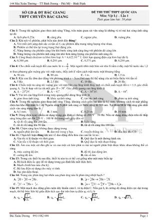 Đề thi thử THPT Quốc gia lần 1 môn Vật lý Lớp 12 - Bùi Xuân Dương (Có đáp án)