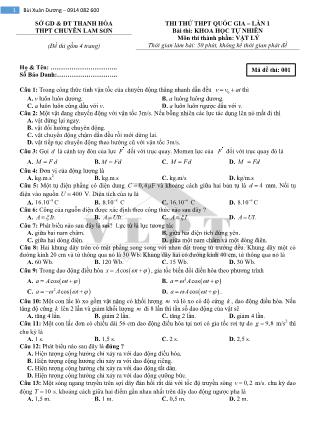 Đề thi thử THPT Quốc gia lần 1 môn Vật lý Lớp 12 - Mã đề 001 - Bùi Xuân Dương (Có đáp án)