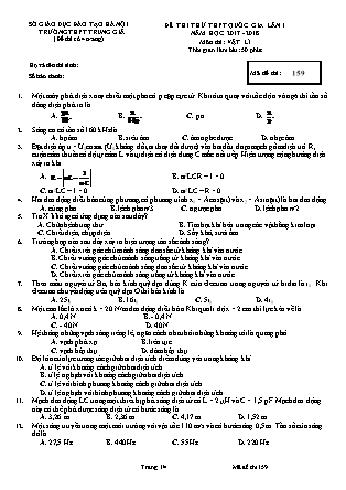 Đề thi thử THPT Quốc gia lần 1 môn Vật lý Lớp 12 - Mã đề 159 - Mã đề 2017-2018 - Trường THPT Trung Giã (Có đáp án)