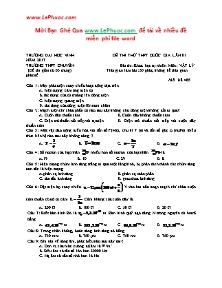 Đề thi thử THPT Quốc gia lần III môn Vật lý Lớp 12 - Mã đề 485 (Có đáp án)