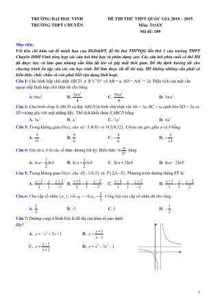 Đề thi thử THPT Quốc gia môn Toán Lớp 12 - Mã đề 209 - Năm học 2018-2019 (Có đáp án chi tiết)