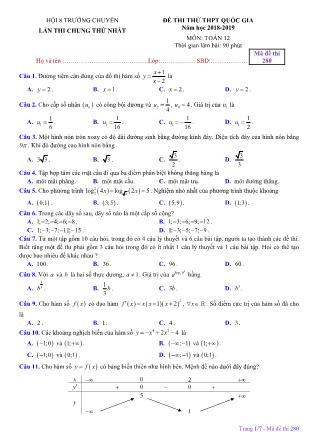 Đề thi thử THPT Quốc gia môn Toán Lớp 12 - Mã đề 280 - Năm học 2018-2019