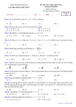 Đề thi thử THPT Quốc gia môn Toán Lớp 12 - Mã đề 391 - Năm học 2018-2019