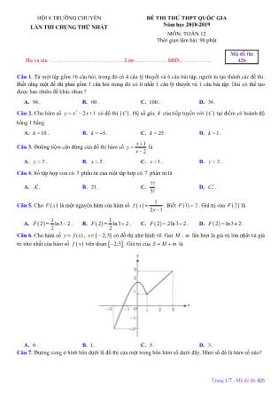 Đề thi thử THPT Quốc gia môn Toán Lớp 12 - Mã đề 426 - Năm học 2018-2019