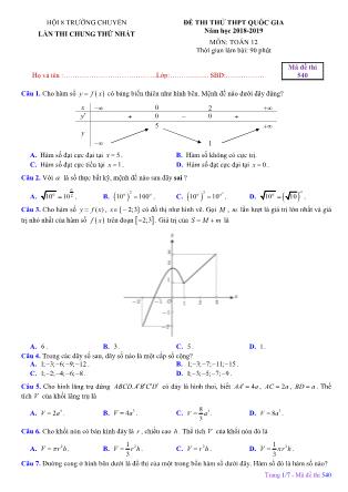 Đề thi thử THPT Quốc gia môn Toán Lớp 12 - Mã đề 540 - Năm học 2018-2019