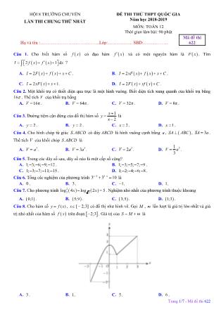 Đề thi thử THPT Quốc gia môn Toán Lớp 12 - Mã đề 622 - Năm học 2018-2019