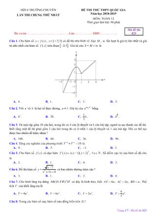 Đề thi thử THPT Quốc gia môn Toán Lớp 12 - Mã đề 823 - Năm học 2018-2019