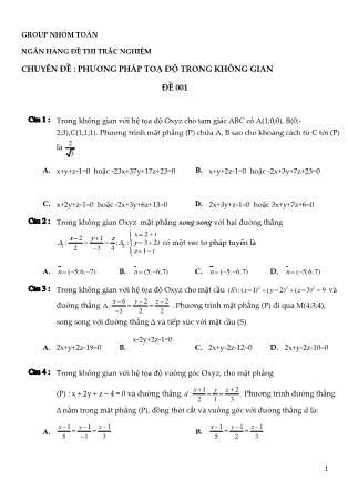 Ngân hàng đề thi trắc nghiệm môn Toán Lớp 12 - Chuyên đề: Phương pháp tọa độ trong không gian