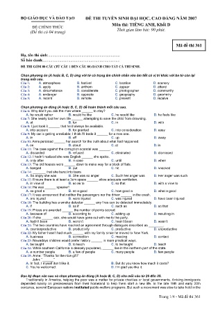 Đề thi tuyển sinh Đại học, Cao đẳng môn Tiếng anh Khối - Mã đề 361 - Bộ GD&ĐT
