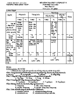 Đề kiểm tra chất lượng học kỳ II Địa lí 8 - Năm học 2022-2023 - Trường THCS Quốc Tuấn (Có đáp án + Ma trận)