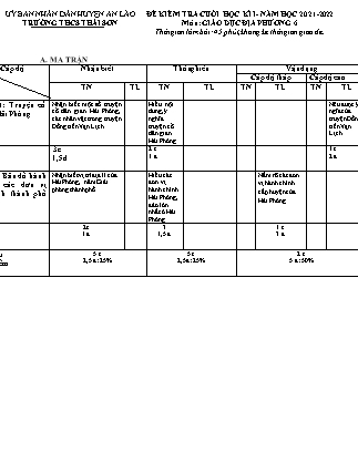 Đề kiểm tra cuối học kì I Giáo dục địa phương 6 - Năm học 2021-2022 - Trường THCS Thái Sơn (Có đáp án + Ma trận)