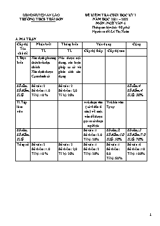 Đề kiểm tra cuối học kì I Ngữ Văn 6 - Năm học 2021-2022 - Trường THCS Thái Sơn (Có đáp án + Ma trận)