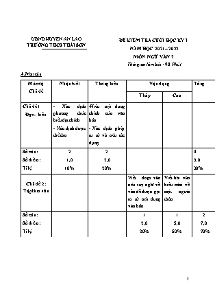 Đề kiểm tra cuối học kì I Ngữ Văn 7 - Năm học 2021-2022 - Trường THCS Thái Sơn (Có đáp án + Ma trận)