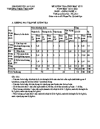 Đề kiểm tra cuối học kì II Công nghệ 6 - Năm học 2022-2023 - Trường THCS Thái Sơn (Có đáp án + Ma trận)