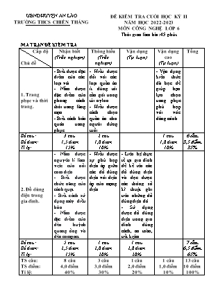 Đề kiểm tra cuối học kì II Công nghệ 6 - Năm học 2022-2023 - Trường THCS Chiến Thắng (Có đáp án + Ma trận)