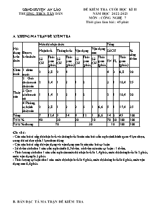 Đề kiểm tra cuối học kì II Công nghệ 7 - Năm học 2022-2023 - Trường THCS Tân Dân (Có đáp án + Ma trận)
