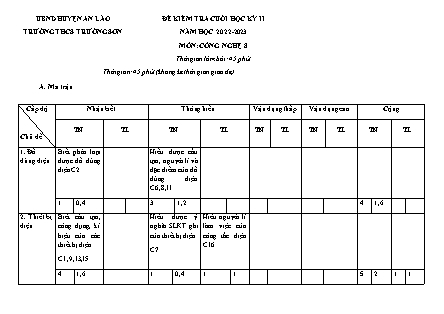 Đề kiểm tra cuối học kì II Công nghệ 8 - Năm học 2022-2023 - Trường THCS Trường Sơn (Có đáp án + Ma trận)