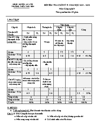 Đề kiểm tra cuối học kì II Công nghệ 9 - Năm học 2021-2022 - Trường THCS Thái Sơn (Có đáp án + Ma trận)