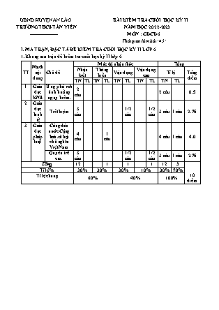Đề kiểm tra cuối học kì II Giáo dục công dân 6 - Năm học 2022-2023 - Trường THCS Tân Viên (Có đáp án + Ma trận)