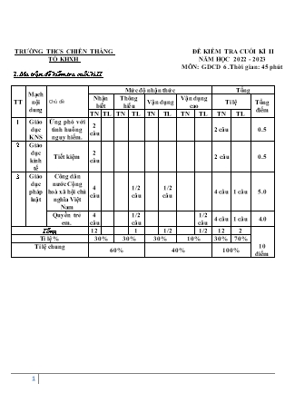Đề kiểm tra cuối học kì II Giáo dục công dân 6 - Năm học 2022-2023 - Trường THCS Chiến Thắng (Có đáp án + Ma trận)