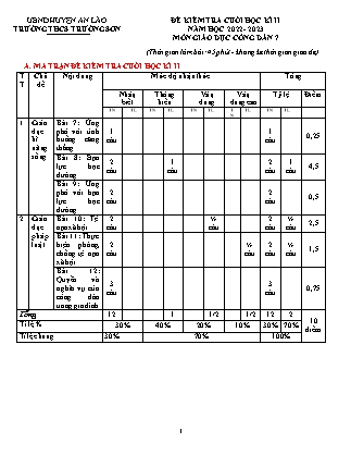 Đề kiểm tra cuối học kì II Giáo dục công dân 7 - Năm học 2022-2023 - Trường THCS Trường Sơn (Có đáp án + Ma trận)