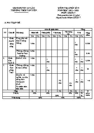 Đề kiểm tra cuối học kì II Giáo dục công dân 7 - Năm học 2022-2023 - Trường THCS Tân Viên (Có đáp án + Ma trận)