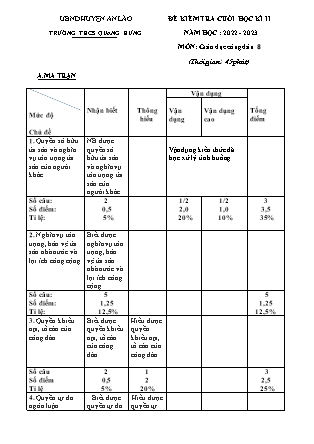 Đề kiểm tra cuối học kì II Giáo dục công dân 8 - Năm học 2022-2023 - Trường THCS Quang Hưng (Có đáp án + Ma trận)