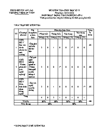 Đề kiểm tra cuối học kì II Hoạt động trải nghiệm 6 - Năm học 2022-2023 - Trường THCS An Tiến (Có đáp án + Ma trận)