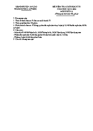 Đề kiểm tra cuối học kì II Khoa học tự nhiên 6 - Năm học 2022-2023 - Trường THCS Mỹ Đức (Có đáp án + Ma trận)