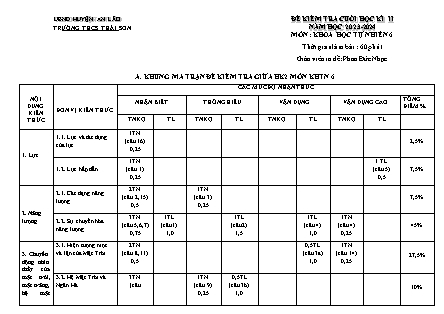 Đề kiểm tra cuối học kì II Khoa học tự nhiên 6 - Năm học 2023-2024 - Trường THCS Thái Sơn (Có đáp án + Ma trận)