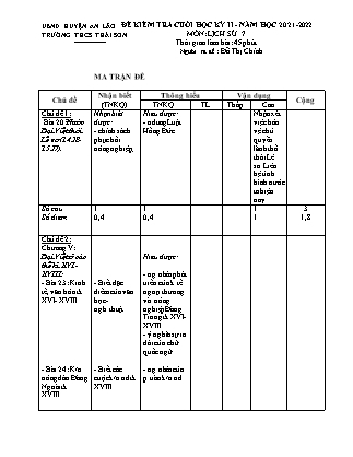 Đề kiểm tra cuối học kì II Lịch sử 7 - Năm học 2021-2022 - Trường THCS Thái Sơn (Có đáp án + Ma trận)