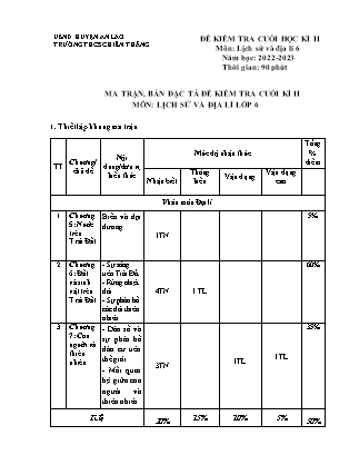 Đề kiểm tra cuối học kì II Lịch sử và Địa lí 6 - Năm học 2022-2023 - Trường THCS Chiến Thắng (Có đáp án + Ma trận)