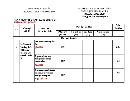 Đề kiểm tra cuối học kì II Lịch sử và Địa lí 6 - Năm học 2022-2023 - Trường THCS Trường Sơn (Có đáp án + Ma trận)