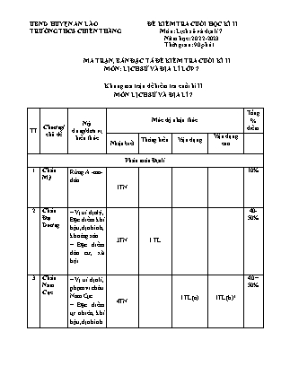 Đề kiểm tra cuối học kì II Lịch sử và Địa lí 7 - Năm học 2022-2023 - Trường THCS Chiến Thắng (Có đáp án + Ma trận)